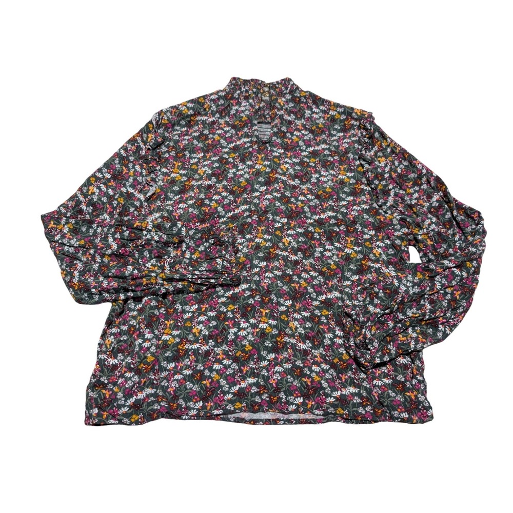 Draper James RSVP Floral Smocked Mock Neck Blouse Green Pink Daisy Large